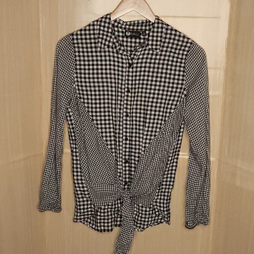 Baku Black White Check Silky Front Tie Blouse Medium